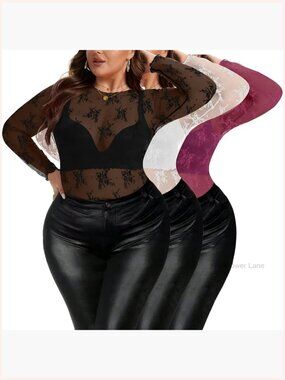 Plus Size Lace Mesh Top Long Sleeve Mock Neck Blouse Sheer See Through
